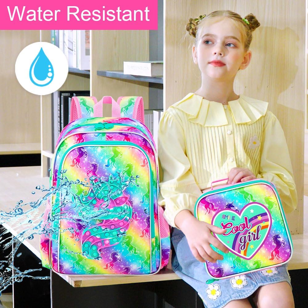 AGSDON 3PCS Backpack for Girls, 16'' Kids Unicorn Bookbag with Lunch Box, Kindergarten Backpacks for Elementary Toddler
