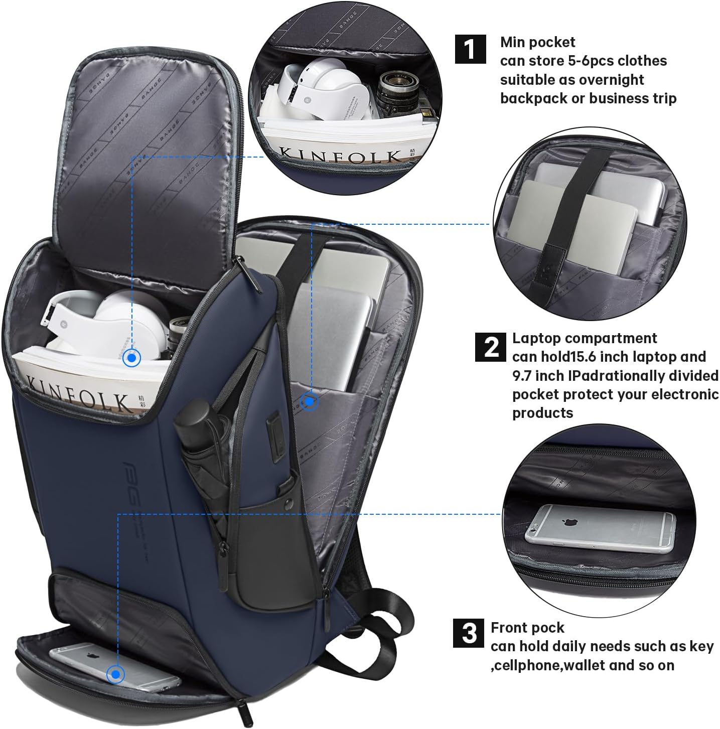 BANGE Business Laptop Smart backpack Can Hold 15.6 Inch Laptop Commute Backpack Carry on bag for men and women (Blue)