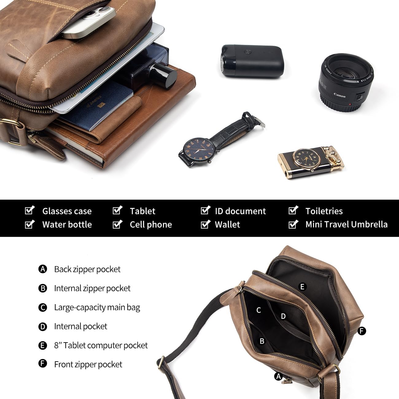 Augus Leather Messenger Crossbody Shoulder Bag for Men Work Business Casual Adjustable straps With YKK Metal Zipper