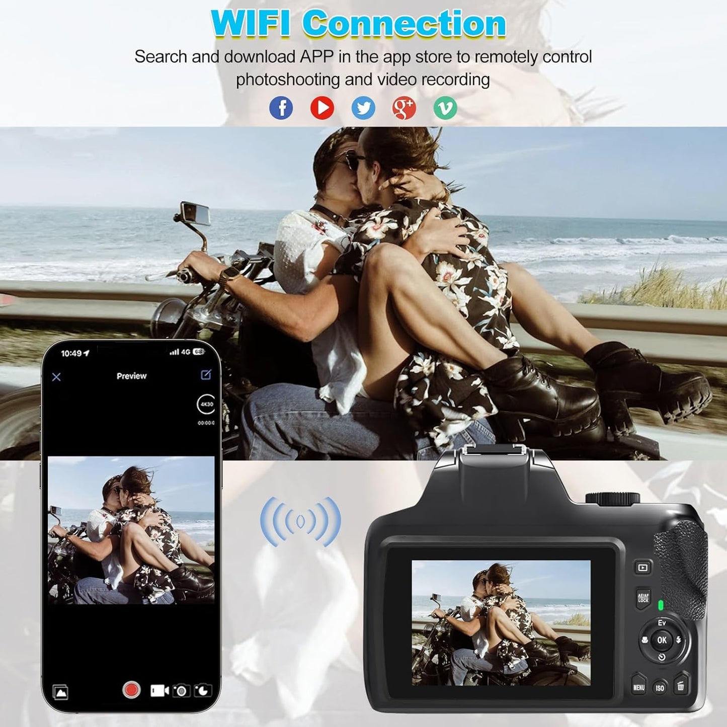4K Digital Camera for Photography with WiFi, 10X Optical Zoom Vlogging Camera for YouTube 64MP Autofocus Compact Camera with 64GB SD Card 2 Batteries, USB Card Reader & Charging Stand