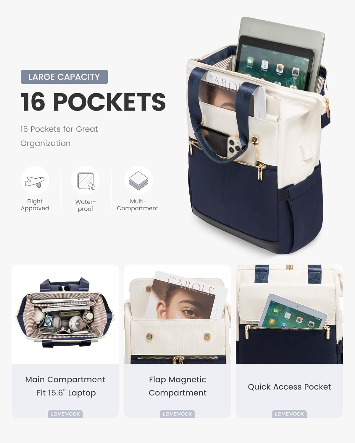 LOVEVOOK Laptop Backpack for Women, 15.6 Inch Work Laptop Bag with USB Port, Fashion Teacher Nurse Backpack Purse, Waterproof Travel Computer Backpack with Organizer Bag, 2PCS, Beige-Blue