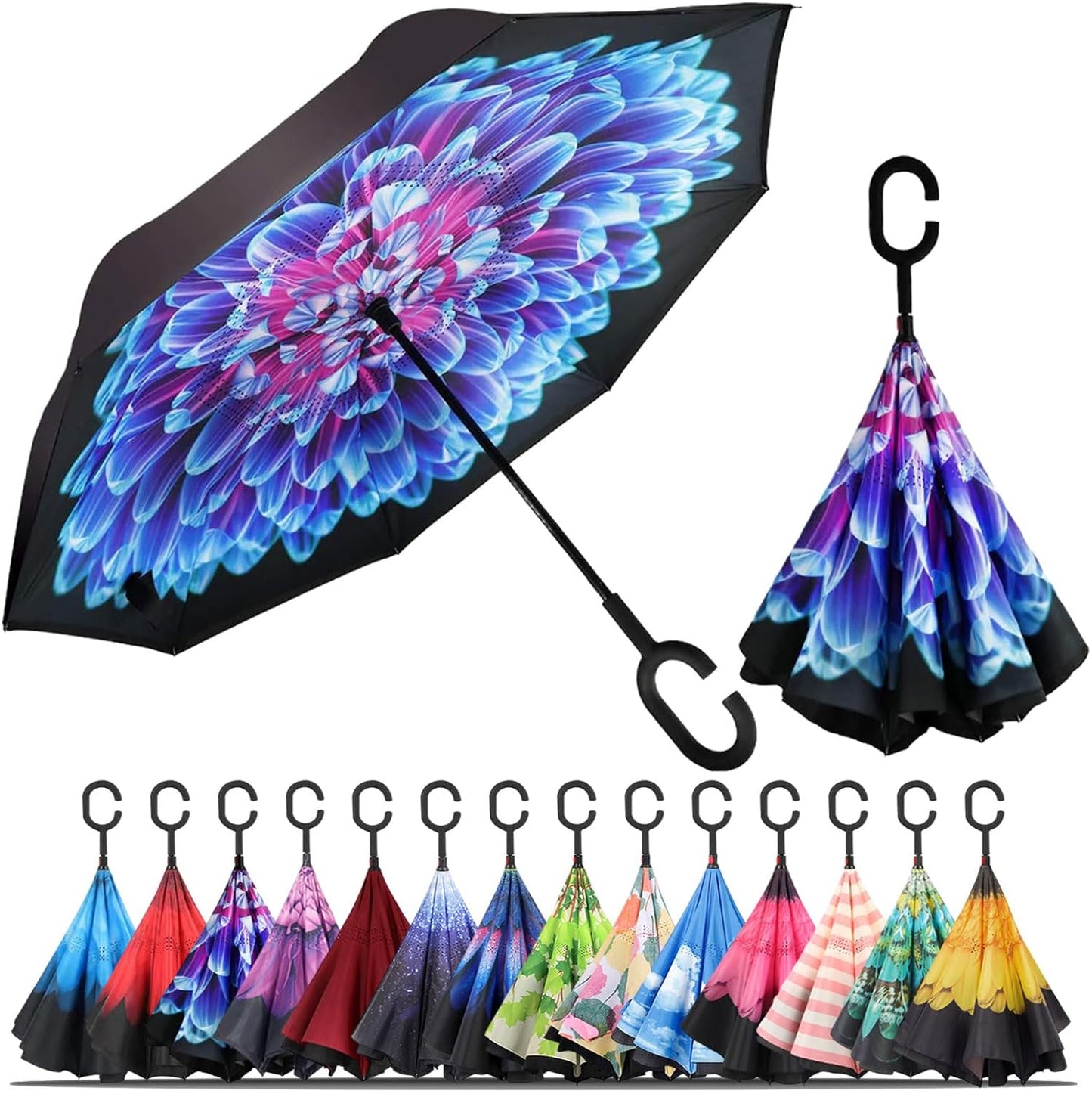 LLanxiry Windproof Inverted Umbrella, Large Reverse Umbrellas for Rain with C-shaped Handle Big Upside Down Inside Out Umbrella for Women & Men