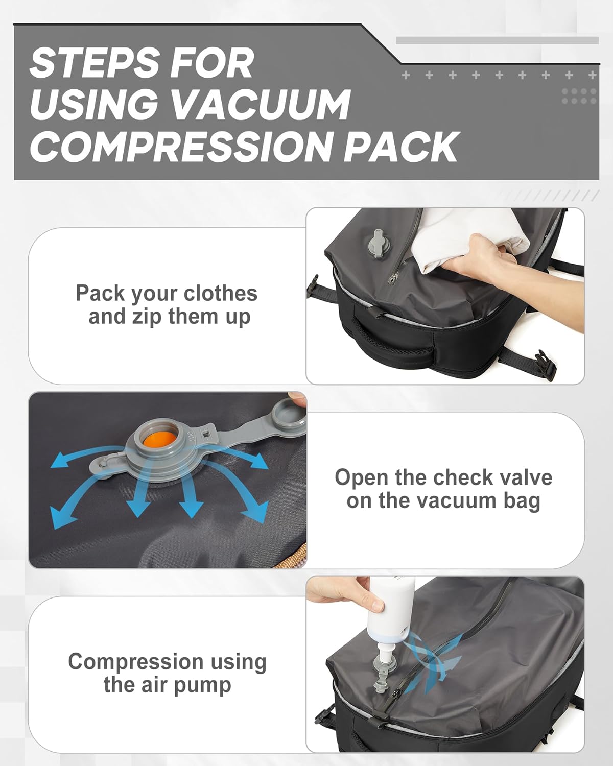 suwasp Vacuum Compression Backpack, 45L Expandable Travel Backpack with Electric Vacpack Pump