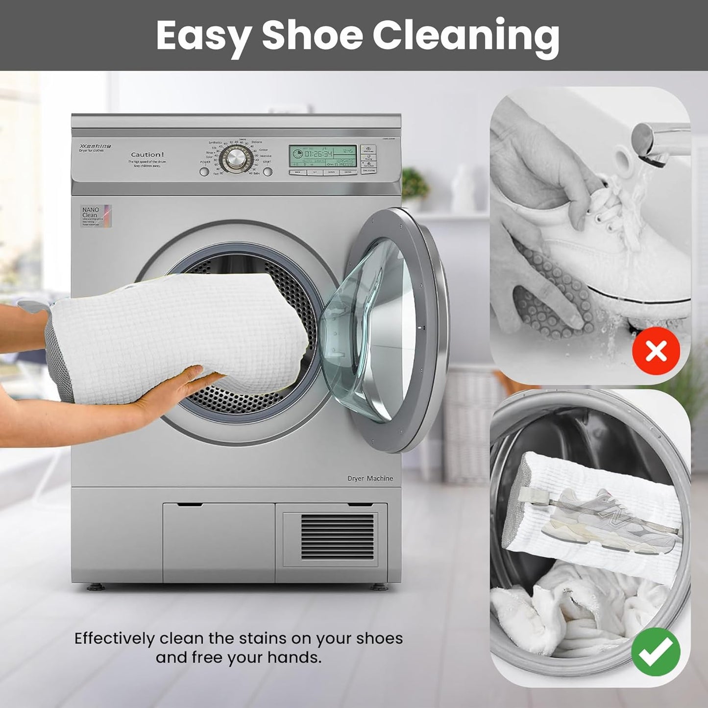 Shoe Washing Machine Bag - 2Pcs Reusable Durable Sneaker Washing Bags, 360° Deep Clean, Zippered Laundry Bag for Washing Machine, Adjustable 2 Pair Shoe Trees, Fits All Shoe Types & Sizes (White)