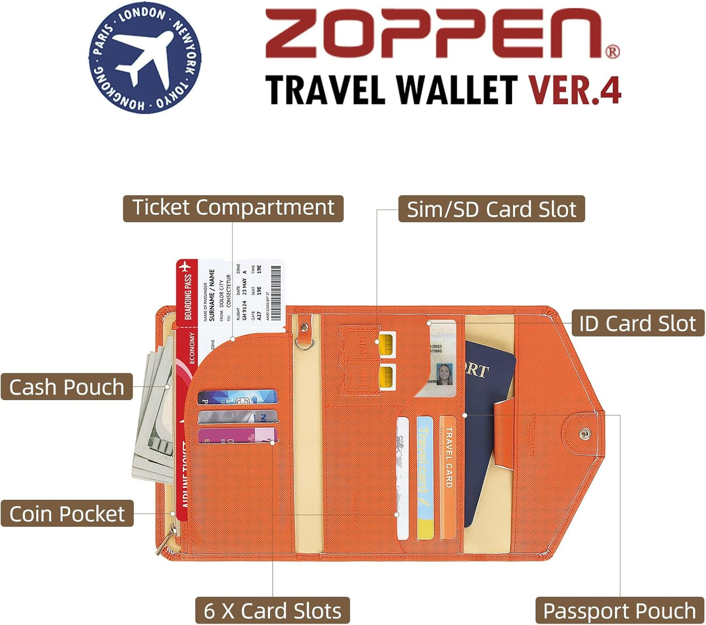 ZOPPEN Mulit-purpose Rfid Blocking Passport Holder Travel Wallet (Ver.4) Passport and Vaccine Card Holder ComboTri-fold Document Organizer Travel Essentials
