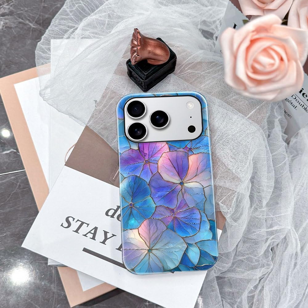 Case for iPhone 17 Pro - Slim Fit Anti-Scratch Phone Case for Girl Women - Blue Hydrangea Floral Stained Glass Aesthetic (Glossy)