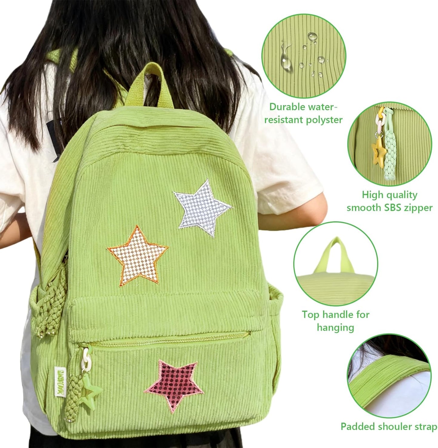 Corduroy Backpack with Star Pattern, Trendy and Versatile, Fits 14'' Laptop Large Capacity Daily Commute (Green)