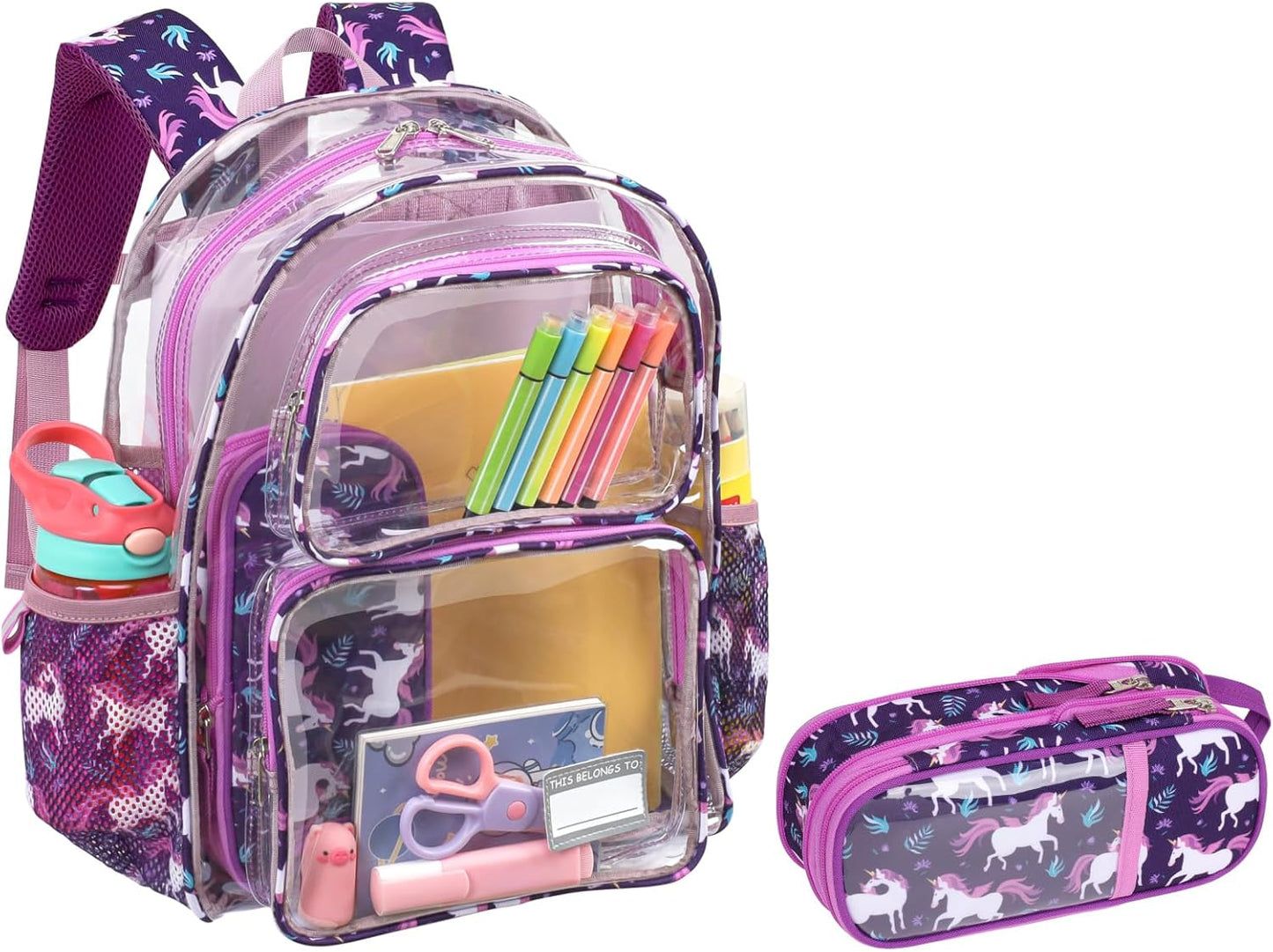 Bagseri 2pcs Clear Backpack for Girls - 15 Inch Backpack and Pencil Case Set, Heavy Duty Transparent Bookbag for School, See Through Bag for Kids Aged 3 to 8, Deep Purple Unicorn