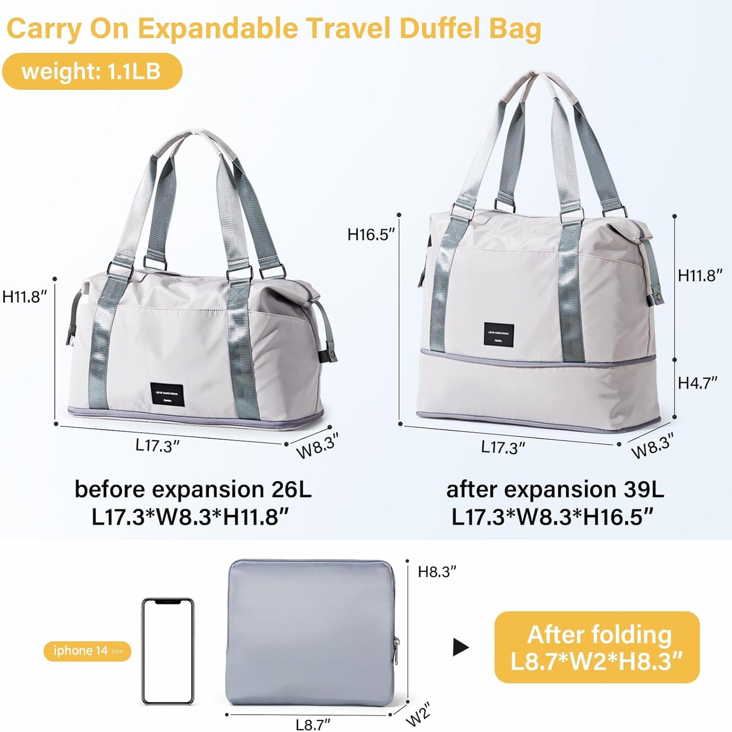 Hanke Expandable Travel Tote Bag 39L, Foldable Duffle Bag for Travel, Carry On Weekend Bags for Women With Multiple Pockets（Dune Grey）