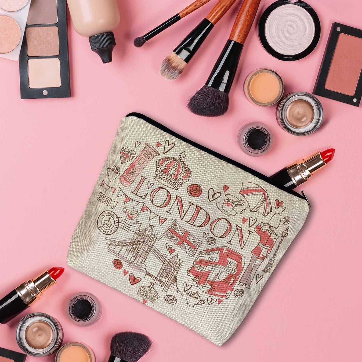 Women Makeup Organizer Bag London, Heart Shape I Love London Quote Flax Cosmetic Bag Makeup Bags Toiletry Bag Accessories Organizer Travel Bags For Home Bathroom Office Hotel Gym