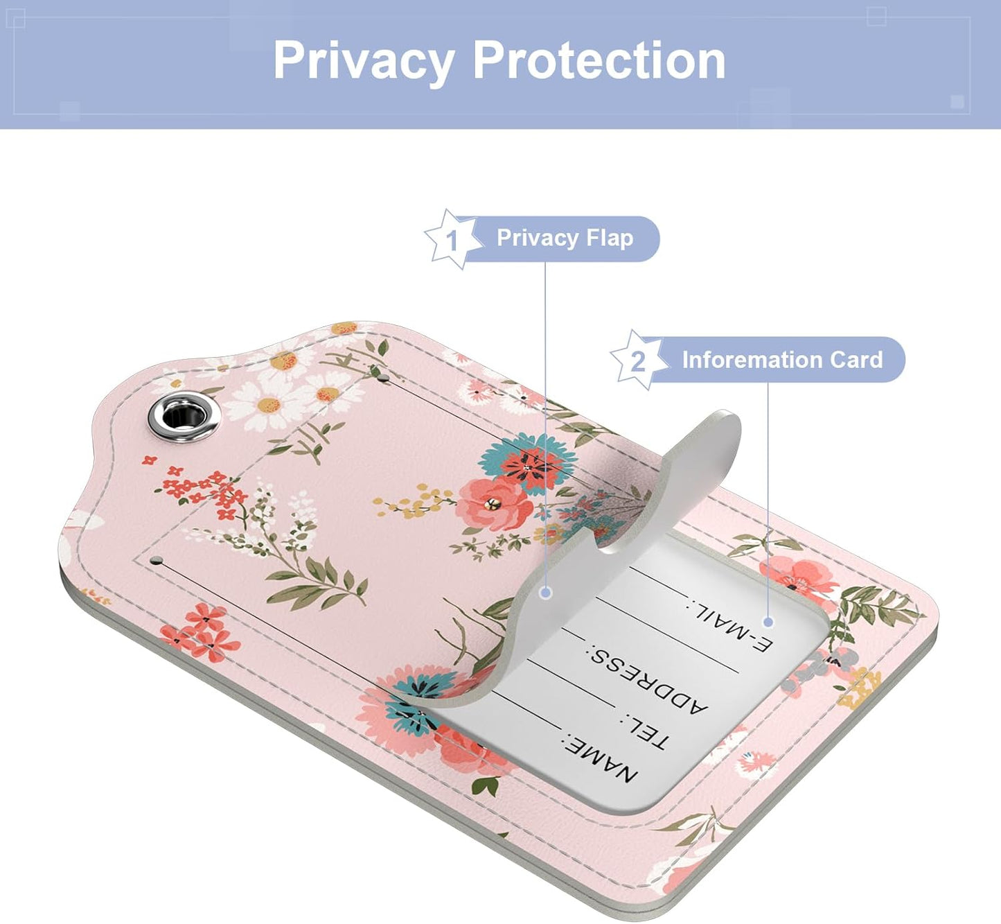 4 Pack PU Leather Luggage Tags for Suitcase, Travel Cruise Luggage Tag with Privacy Flap, Name ID Label and Metal Loop for Women Men Baggage Handbag School Bag Backpack, Tropical Plants