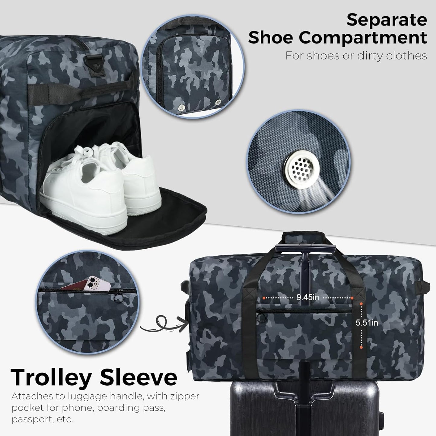 Fmeida 65L Duffle Bag with Shoes Compartment, Foldable Travel Duffel Bags for Men Women, Large Packable Travel Bag Water Repellent & Tear Resistant (BlackCamo)