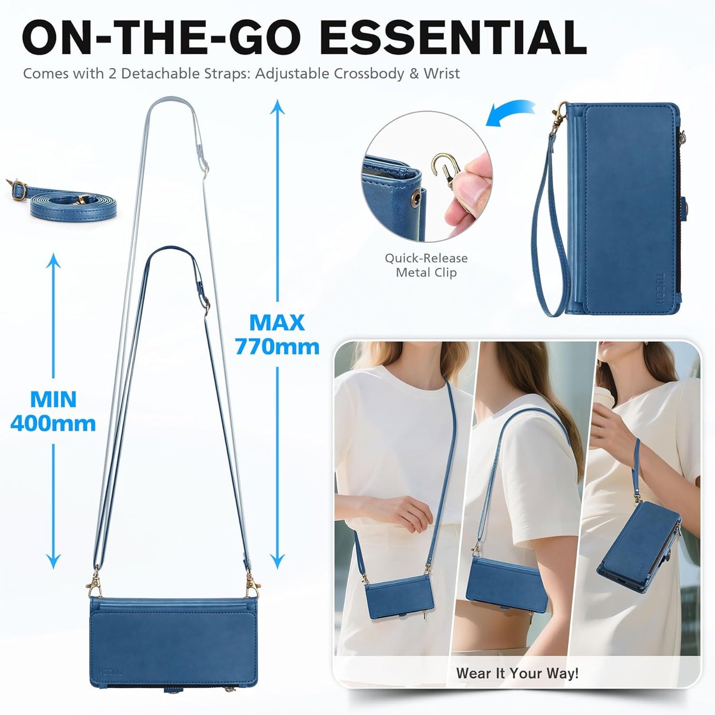 TUCCH Removable Crossbody Case Wallet for iPhone 17 (6.3-inch) 2025, Wireless Charging, RFID Blocking 9 Card Slots, Lanyard, Wrist Strap, Zipper Pocket, PU Leather, Stand Magnetic Cover, Light Blue