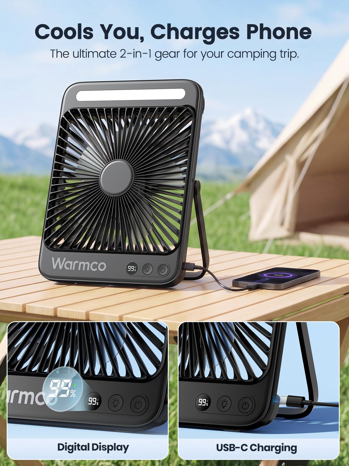 Warmco D4 Battery Powered Camping Fan 20000mAh, LED Lantern