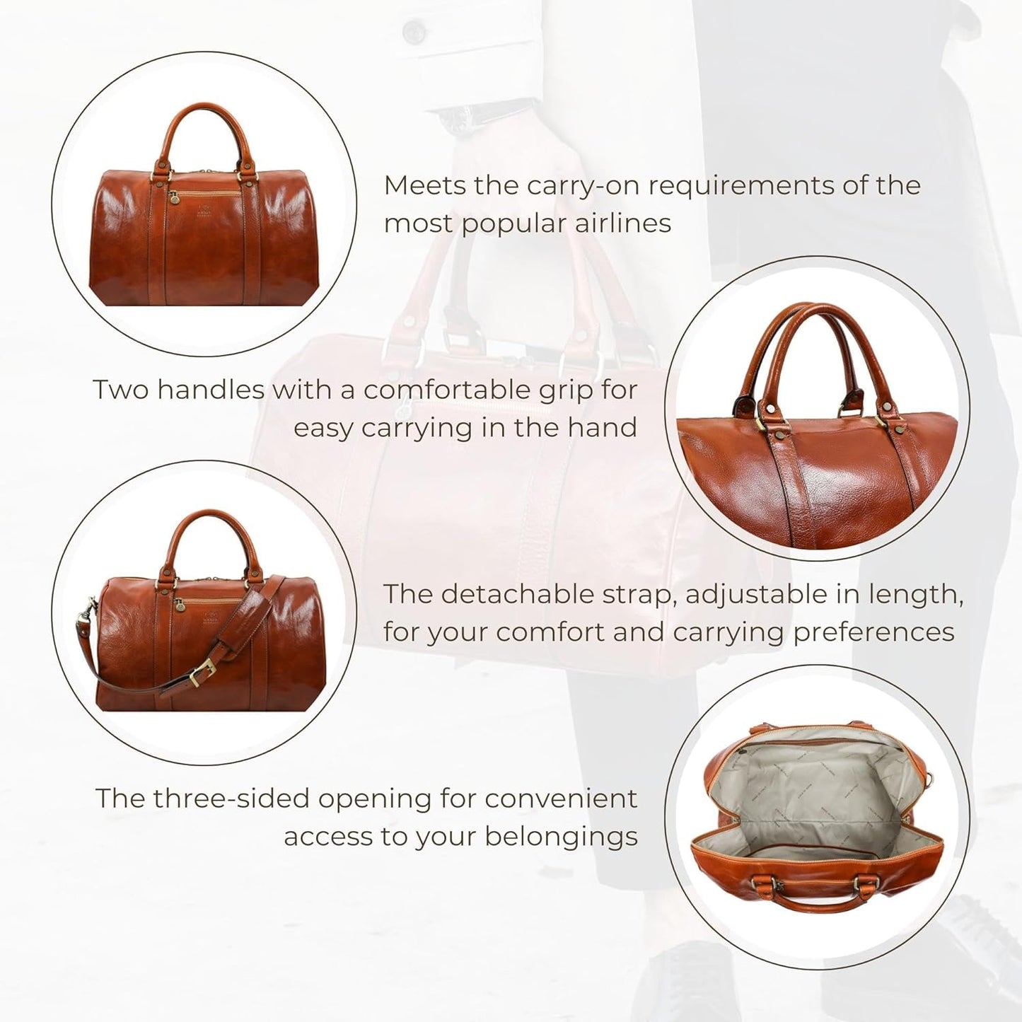 Full Grain Leather Small Duffel Bag Gym Bag Weekender Overnight Unisex Brown - Time Resistance