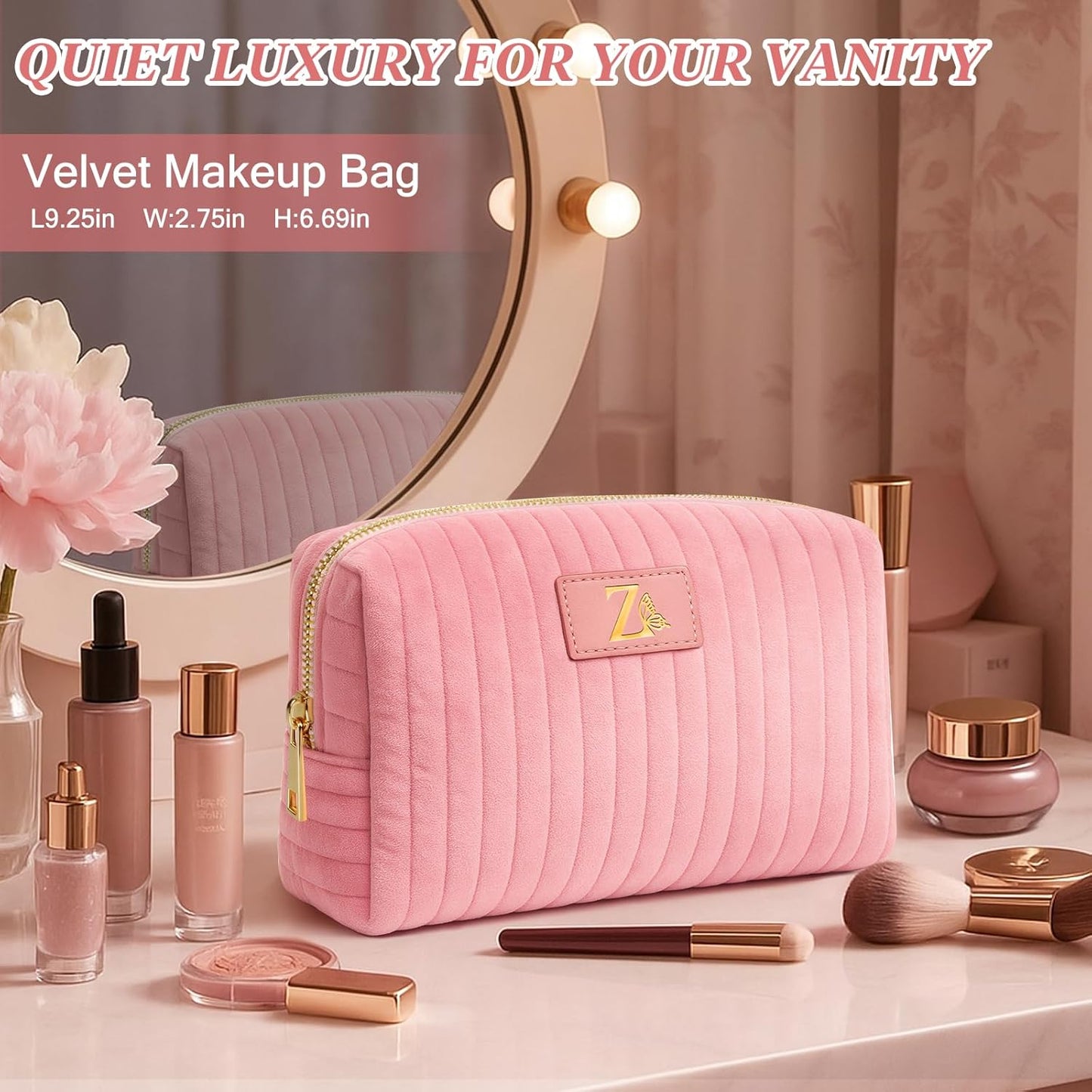 Monogrammed Make Up Bags for Women,Personalized Cosmetic Bags Women,Small Quilted Makeup Pouch,Cute Makeup Bag Travel,Birthday Gifts for Teen Girl (Pink Z)