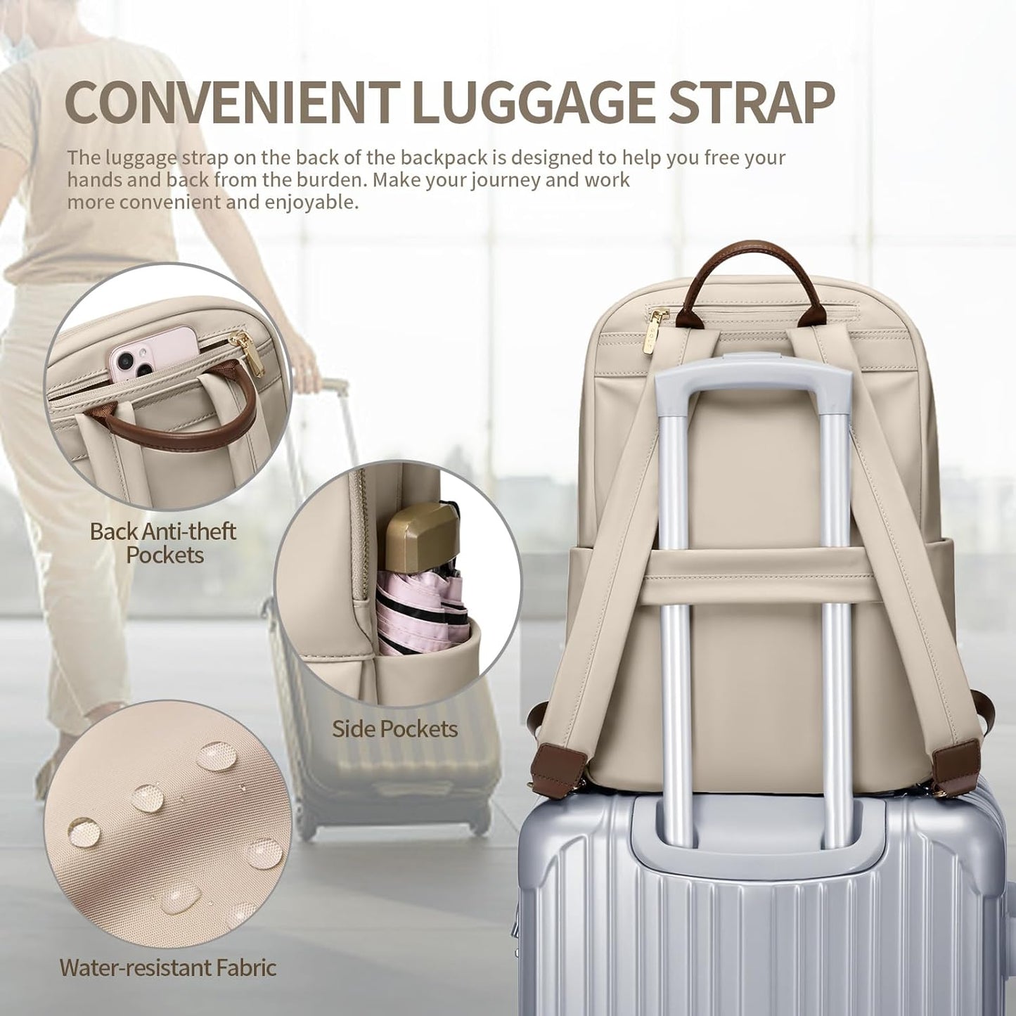 GOLF SUPAGS Laptop Backpack for Women Slim Computer Bag Work Travel College Backpack Purse Fits 15.6 Inch Notebook (Apricot)