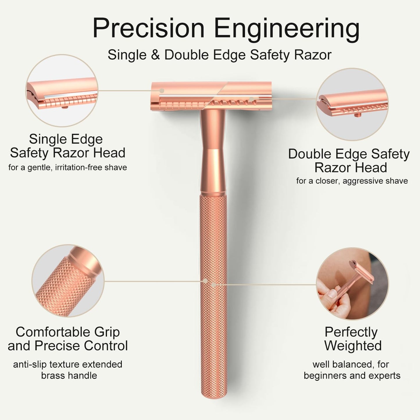 Safety Razor with Stand, Single Blade Razors for Women and Men, Reusable Metal Razor, with 10 Double Edge Blades, Smooth Close Shave, Plastic Free, Rose Gold