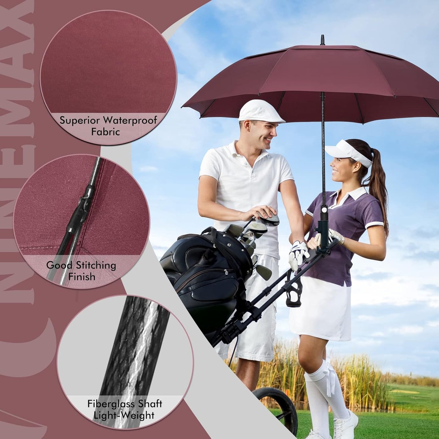 NINEMAX Golf Umbrella 51/54/62/68 Inch Automatic Open, Large Double Canopy Vented Oversize Stick Umbrellas Extra Large Windproof Waterproof for Rain