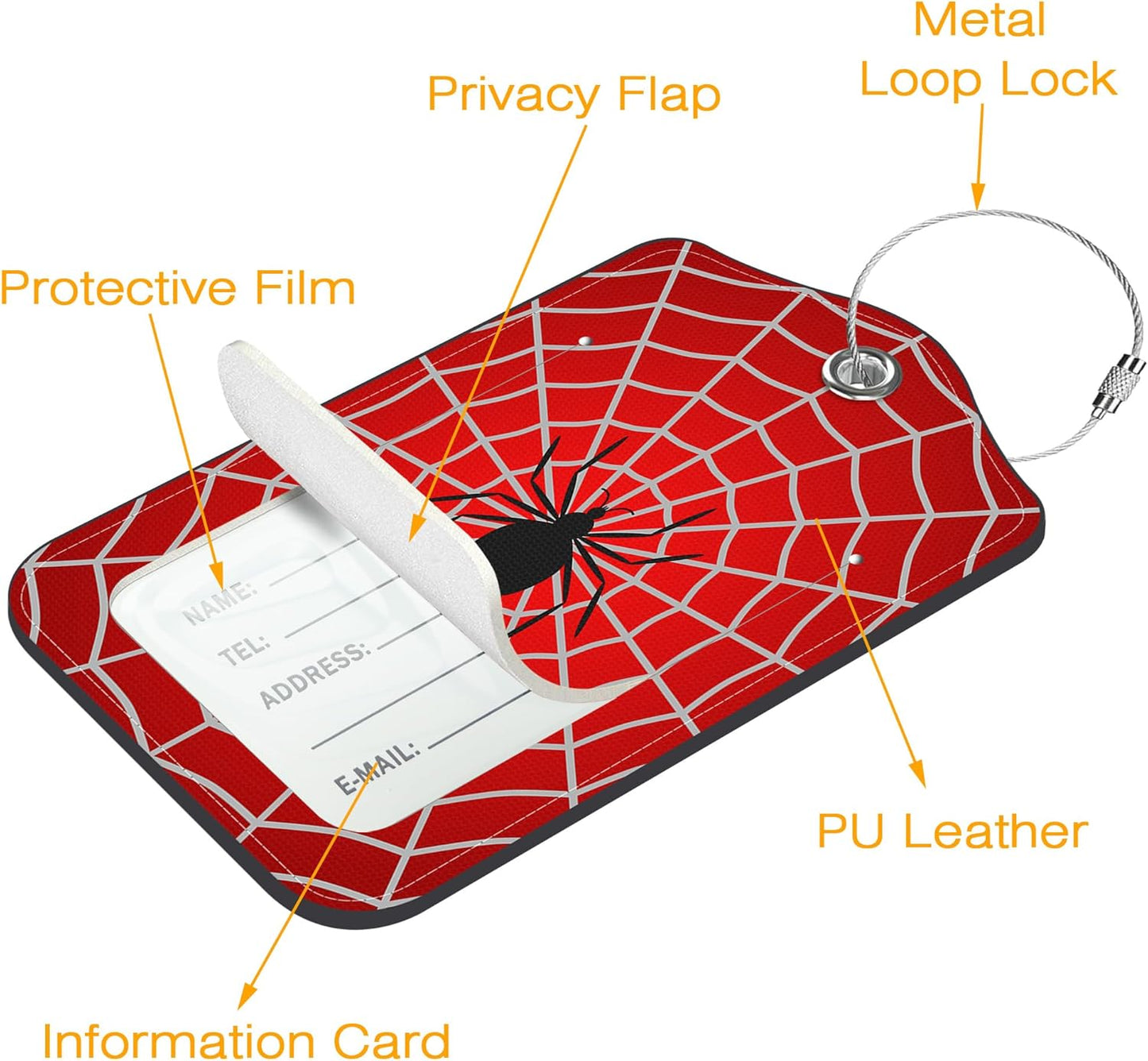 3 Pack PU Leather Luggage Tag for Suitcase Spider and Spider Web Suitcase Tags with Privacy Name ID Label and Stainless Steel Loop for Travel Bag