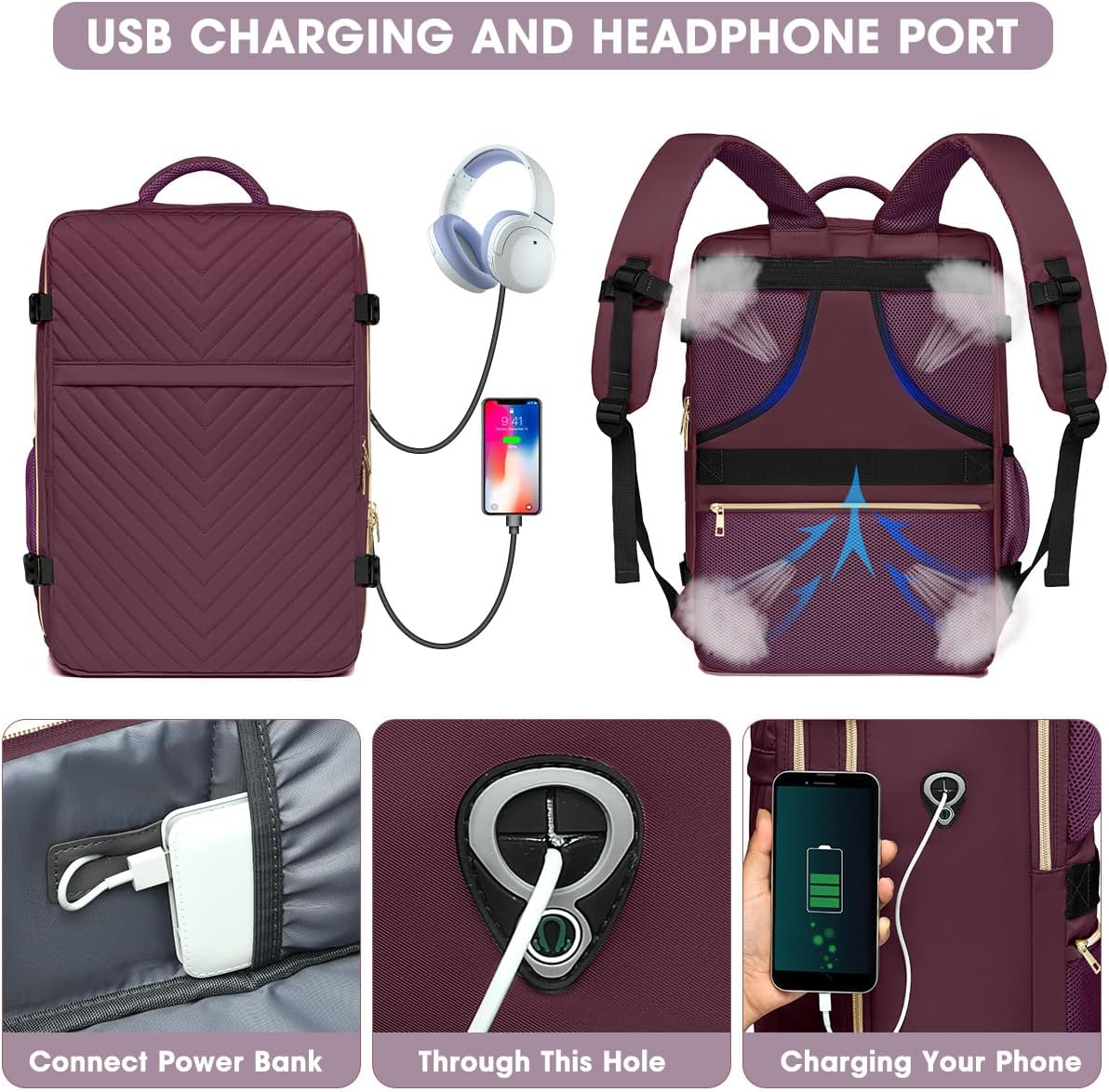 Large Carry On Travel Backpack - Flight Approved Waterproof Luggage Suitcase Backpack Personal Item Size for Women Men Fit 17 Inch Laptop College Overnight Bag Anti-Theft Weekender Daypack Dark Purple