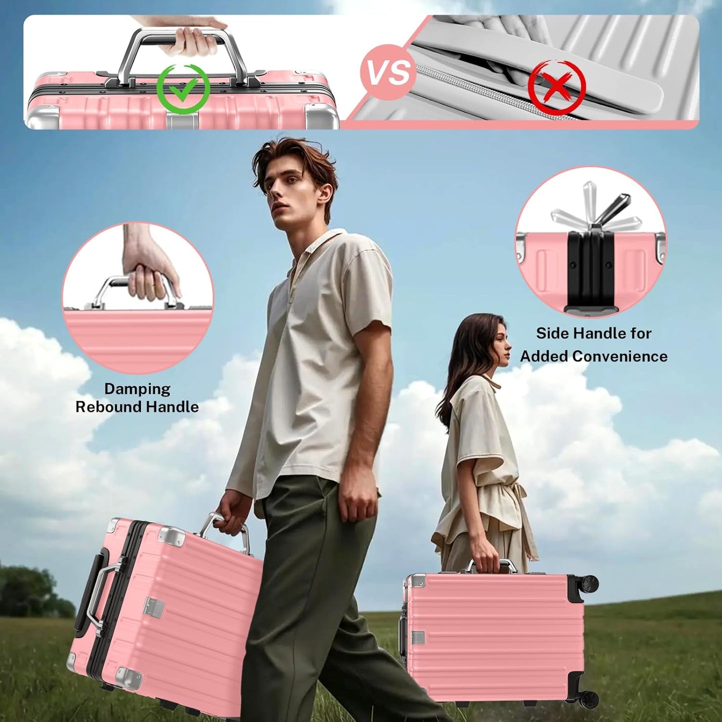 Krute Luggage 24 Inch Aluminum Frame Zipperless Suitcase with Spinner Wheels Checked Luggage PC+ABS