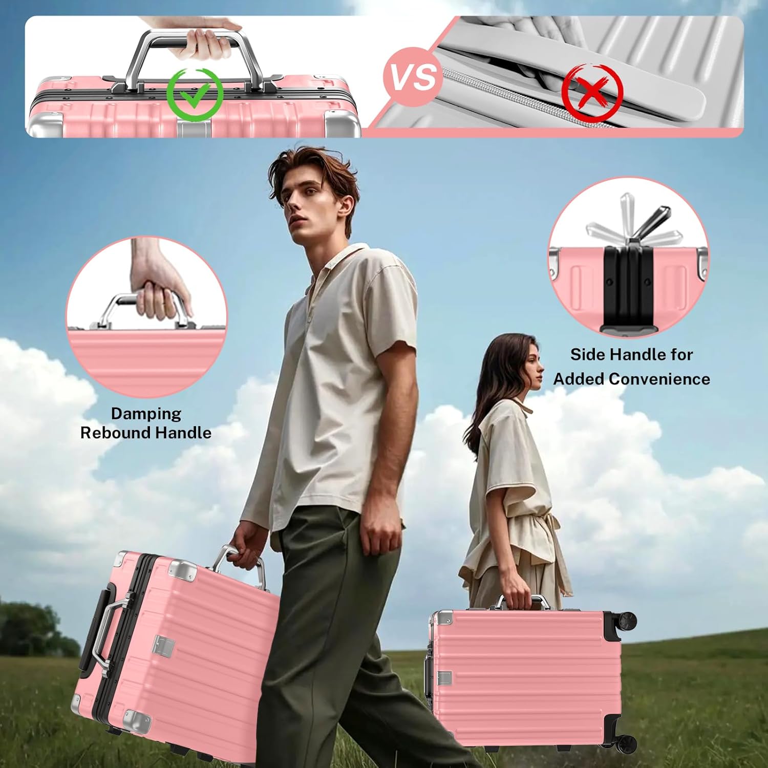 Krute Luggage 24 Inch Aluminum Frame Zipperless Suitcase with Spinner Wheels Checked Luggage PC+ABS
