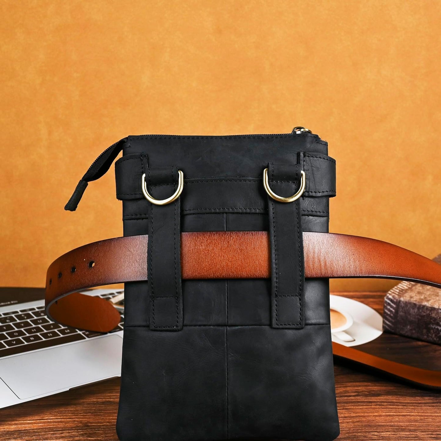 Men's Genuine Leather Small Messenger Shoulder Satchel - Adjustable Waist Bag