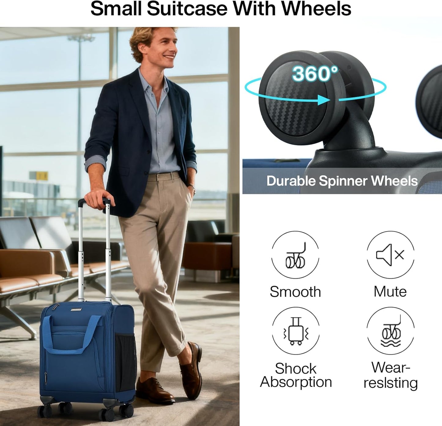 MILADA Carry On Luggage Airline Approved 16 Inch Underseat Small Suitcases with Wheels Softside Travel Luggage Personal Item Overnight Bag Business Mini Suitcase for Women and Men, Blue