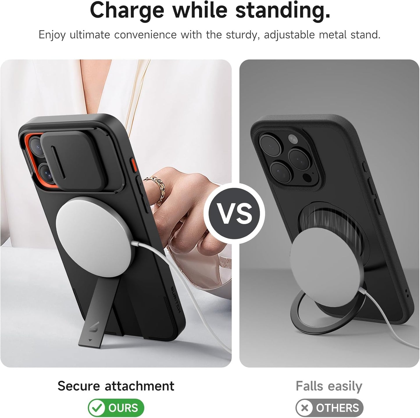 SURITCH for iPhone 15 Pro Max Case with Magnetic Camera Slide Cover and Adjustable Kickstand, Compatible with MagSafe, Shockproof Bumper Case Slim Protective Cover 6.7 Inch, Black