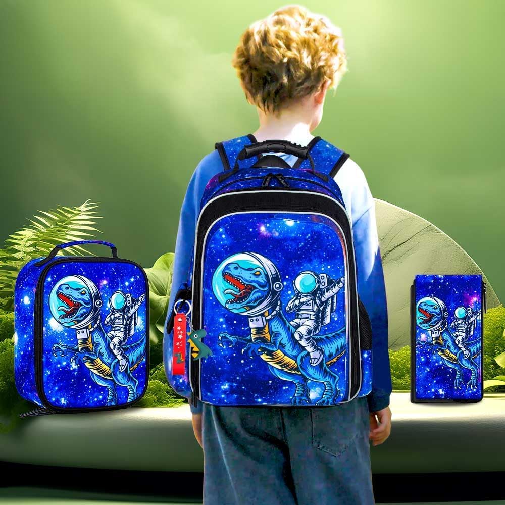 KLFVB 3PCS Cat Uni Dinosaur Backpack for Girls and Boys, 16" Kids Bookbag and Lunch Box, Preschool Backpacks for Elementary