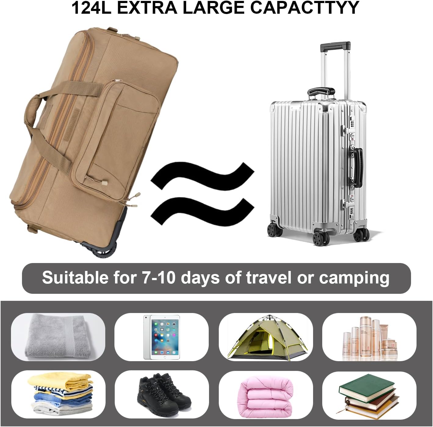 Military Wheeled Deployment Bag Large Tactical Heavy Duty Duffel Bag for Camping Hiking (Tan)