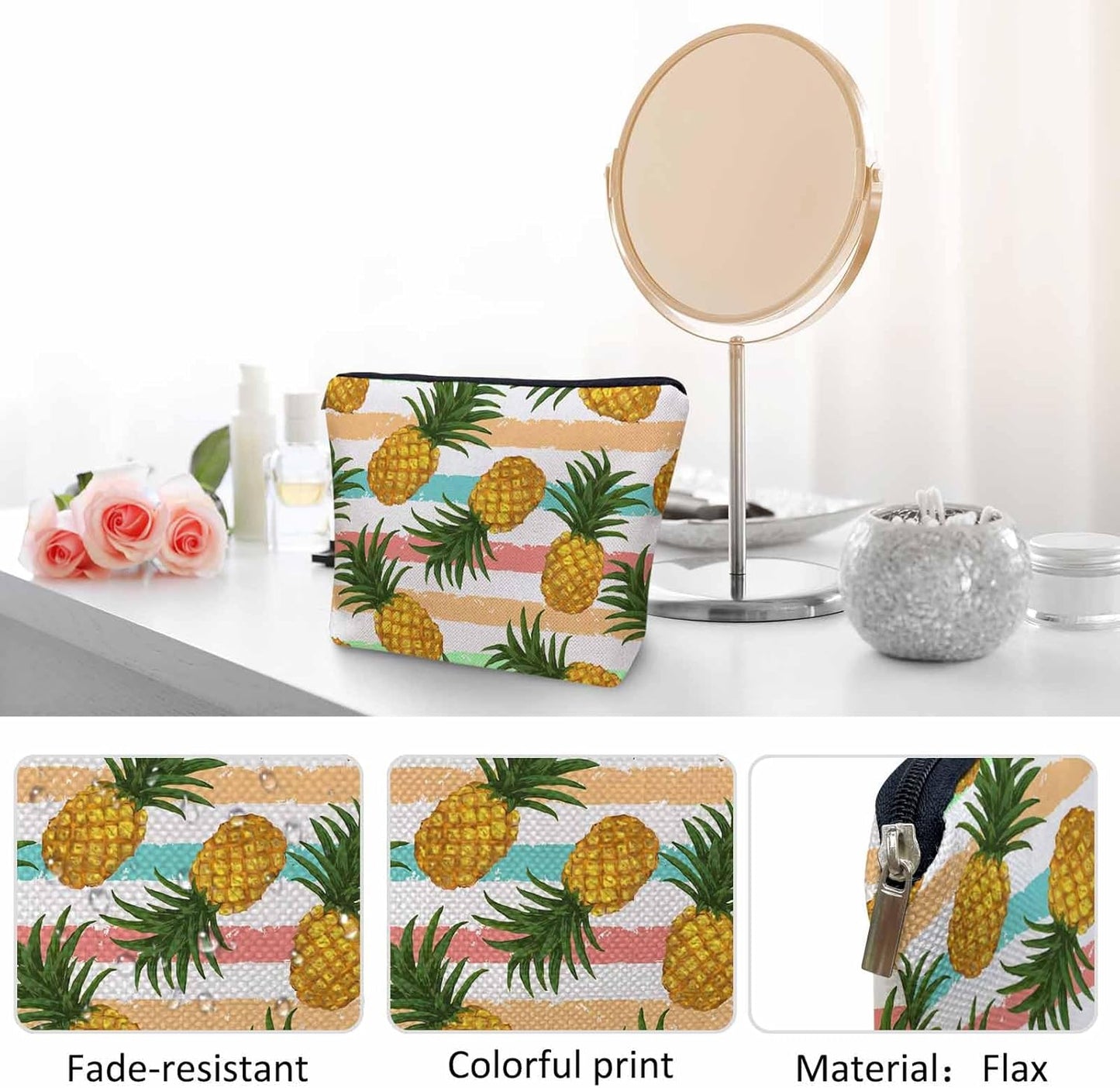 Pineapple Makeup Bags Makeup Organizer, Tropical Pineapple Yellow Flax Toiletry Bags Travel Cosmetic Bag Makeup Purse Pouch Skincare Bag Wallet Bags For Women Female Mom Daughter