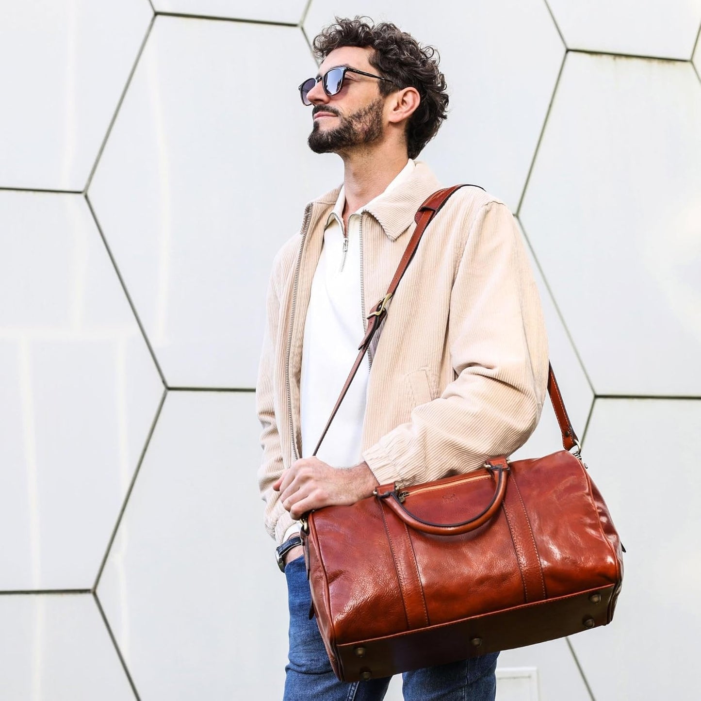 Full Grain Leather Small Duffel Bag Gym Bag Weekender Overnight Unisex Brown - Time Resistance