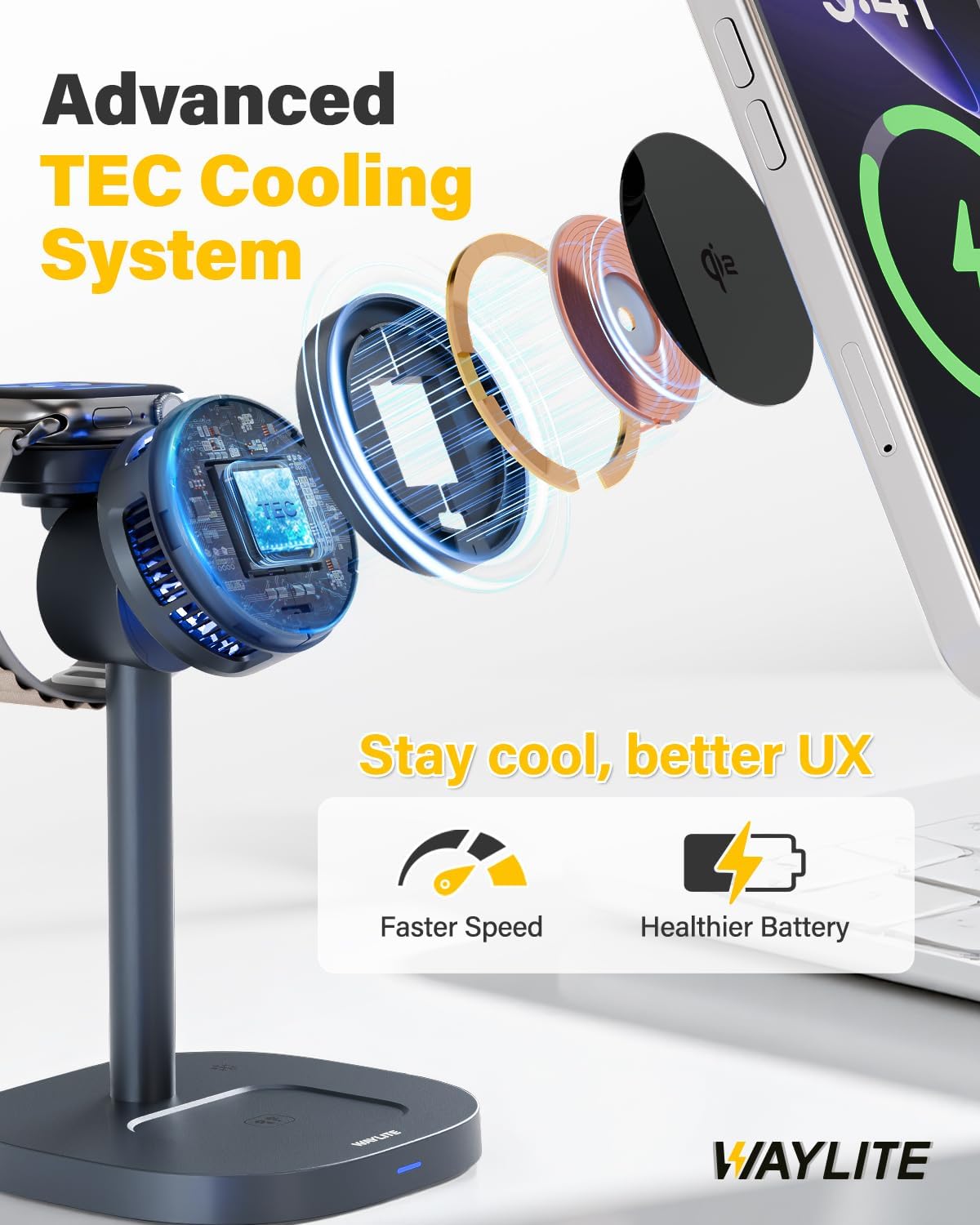 3 in 1 Wireless Charging Station for Apple MagSafe Charger Stand,15W Qi2 Fast Charging Station with TEC Cooling, Magnetic Wireless Charger for iPhone17 16 15 14 13, Apple Watch, AirPods, Gifts for Men