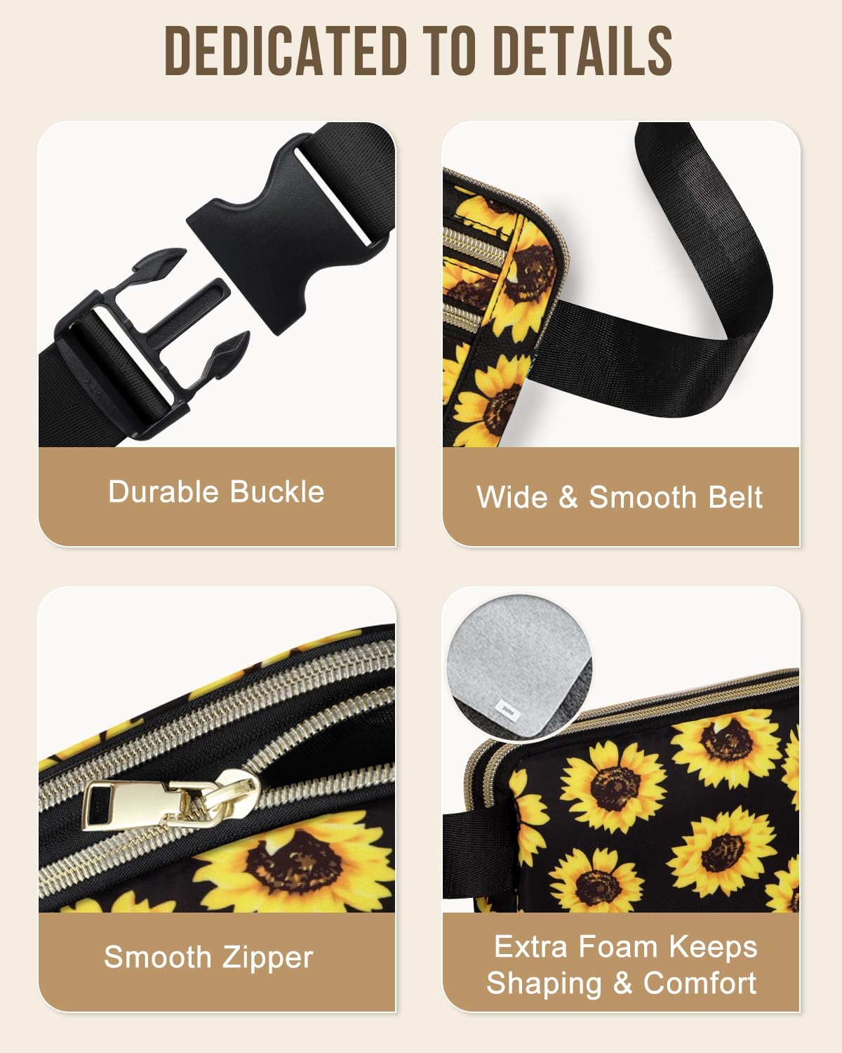 Capolo Fanny Packs for Women Fashion Waist Packs Bag with Adjustable Strap and 4 Zipper Pockets Waterproof Everywhere Crossbody Belt Bag for Workout Running Travelling(Sunflower)