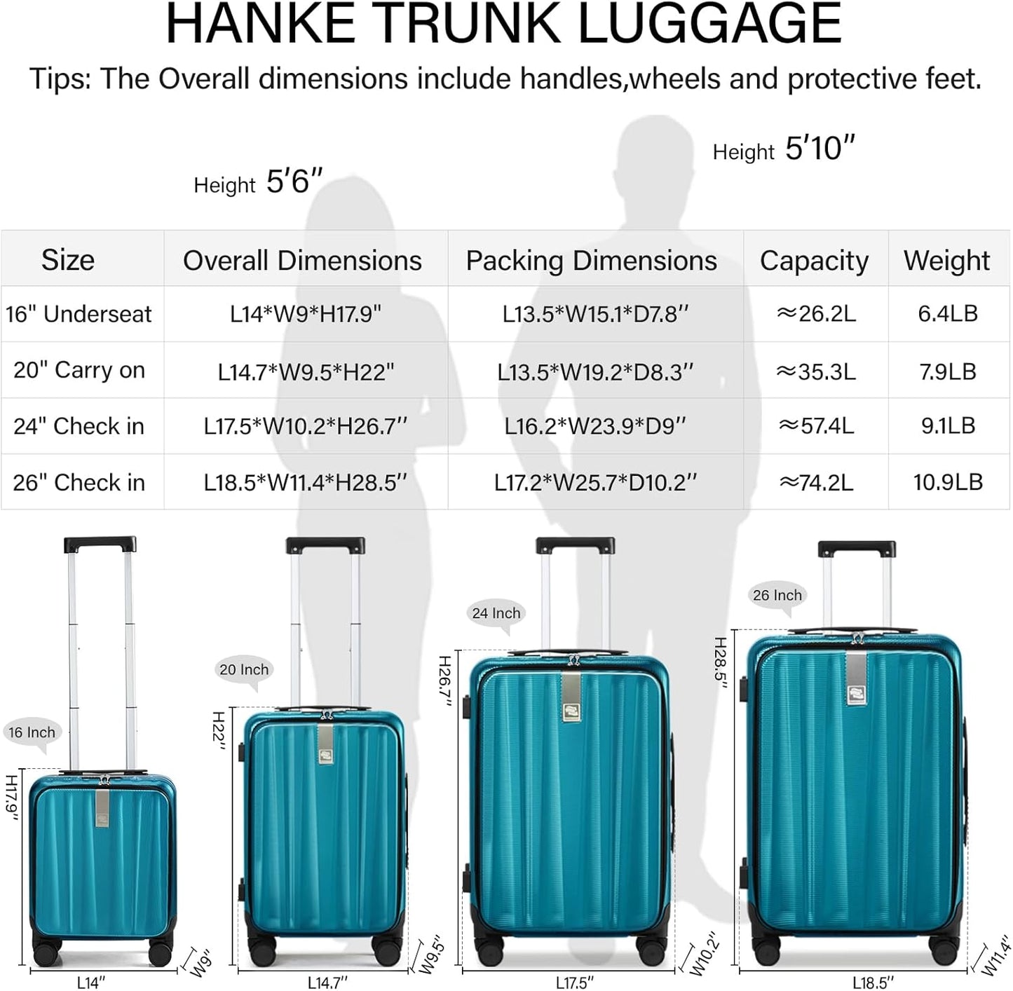 Hanke 24 Inch Checked Luggage Hard Shell Top Opening Aluminum Frame Hardside Medium Suitcase with Spinner Wheels, Durable Rolling Luggage for Men & Women Travel, Caribbean Blue