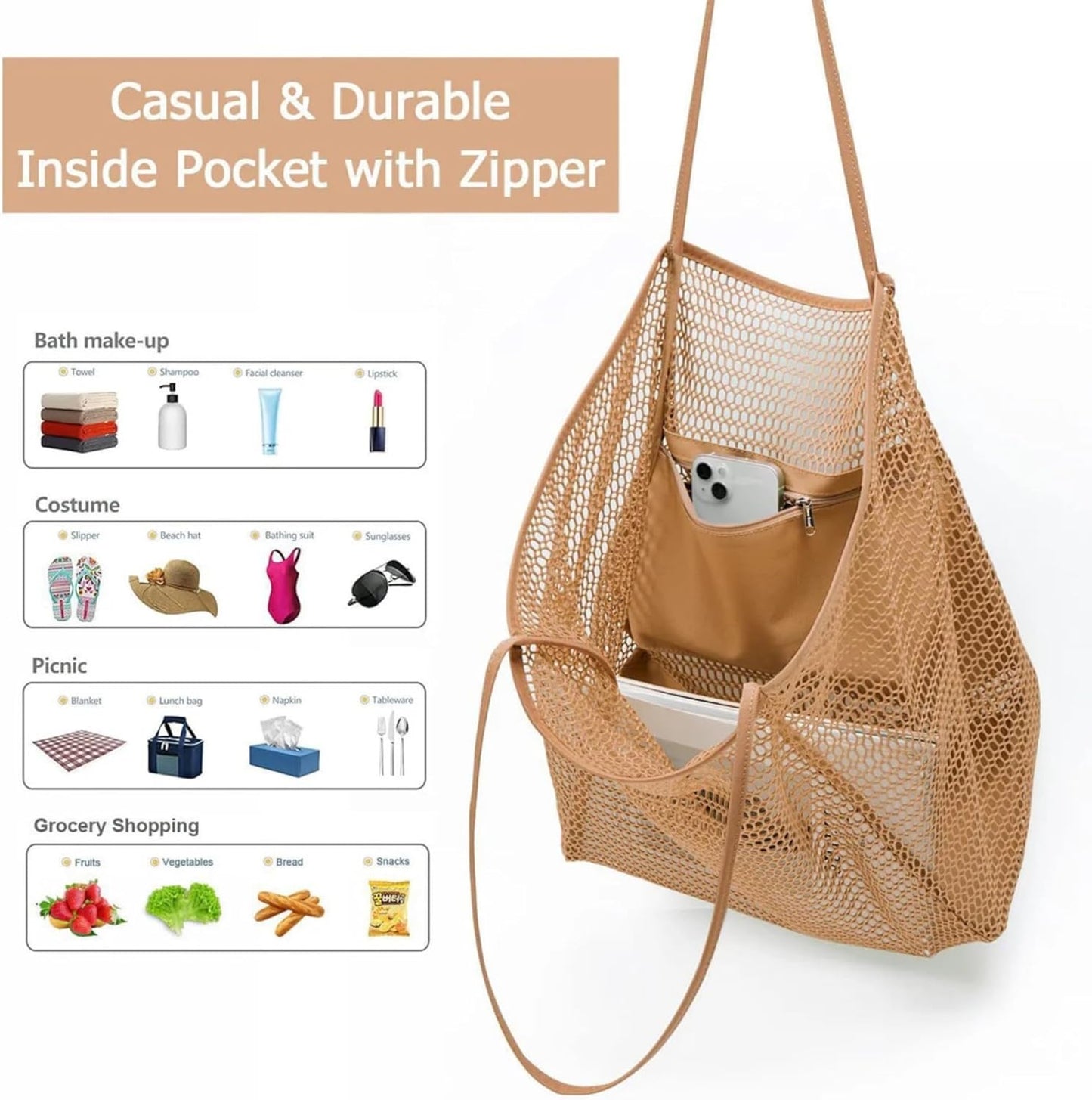 Sohum Living Lightweight Foldable Mesh Tote Bag for Beach & Travel – Large Sandproof Quick-Dry Bag with Durable Handles