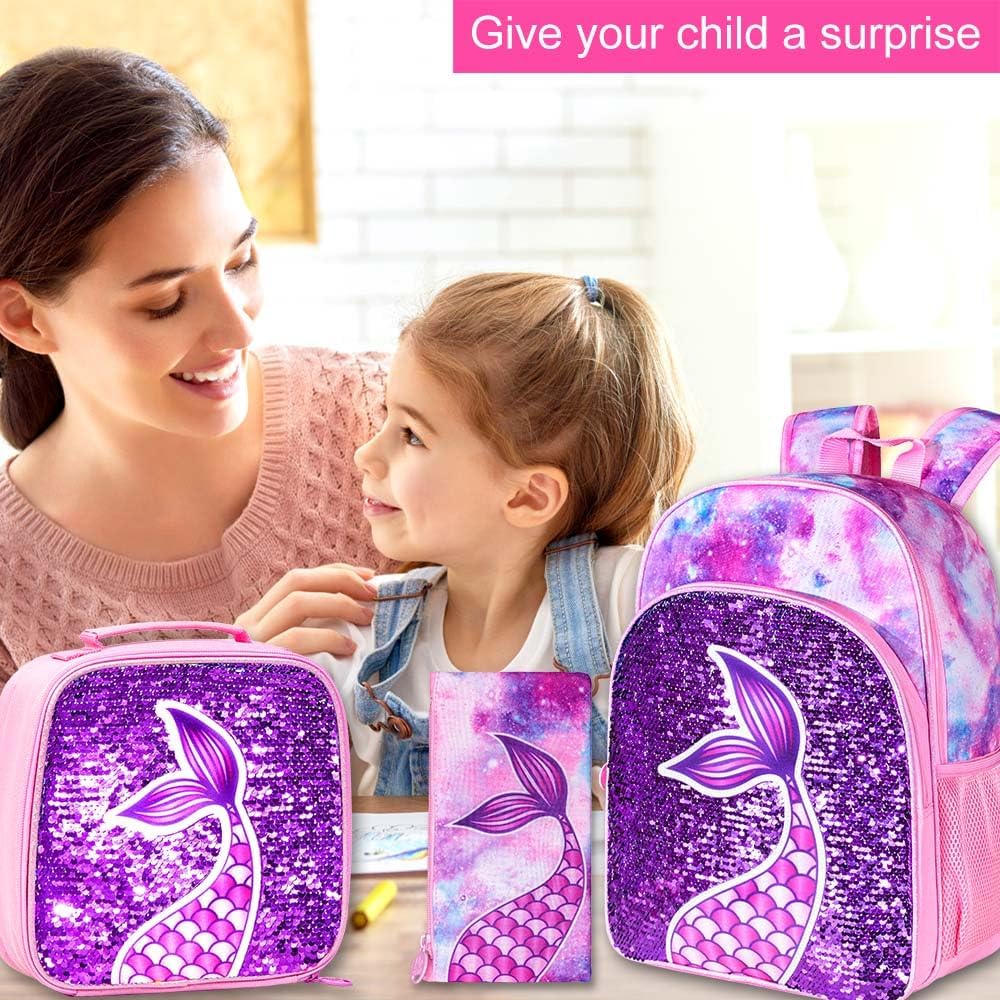 3PCS Kids Backpacks for Girls, 16" Little Kid Preschool School Bookbag and Lunch Box - Unicorn/Mermaid/Flamingo