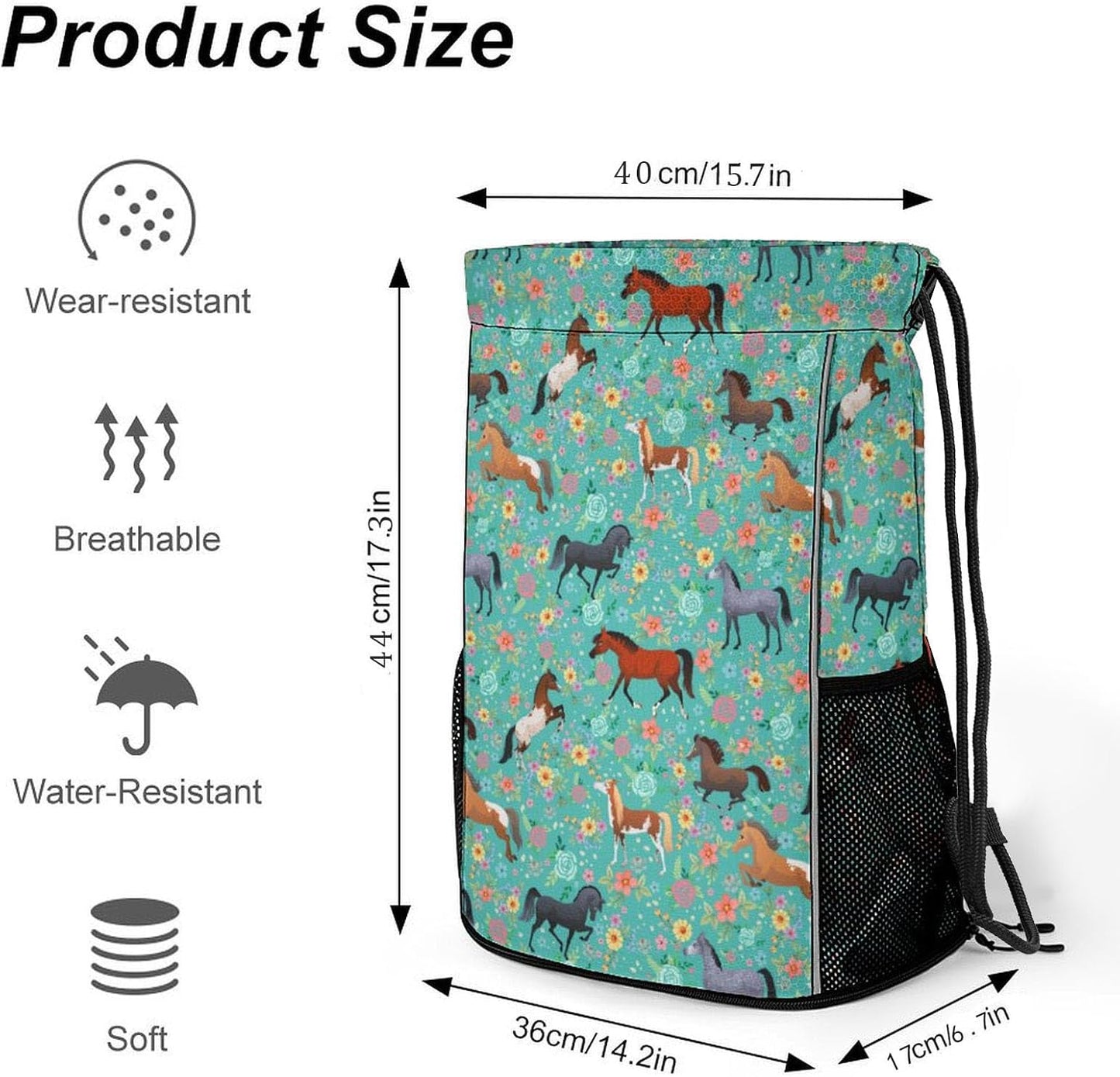 Horse Flower Drawstring Backpack Gym Bag With Shoe Compartment String Bag Sport Beach Swimming