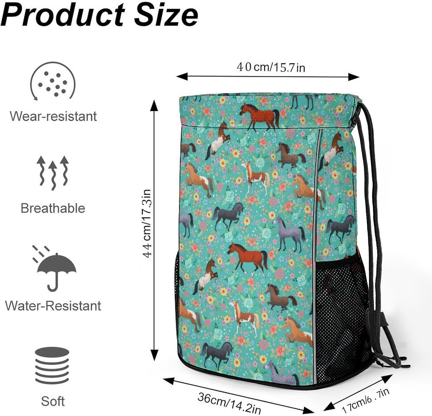 Horse Flower Drawstring Backpack Gym Bag With Shoe Compartment String Bag Sport Beach Swimming