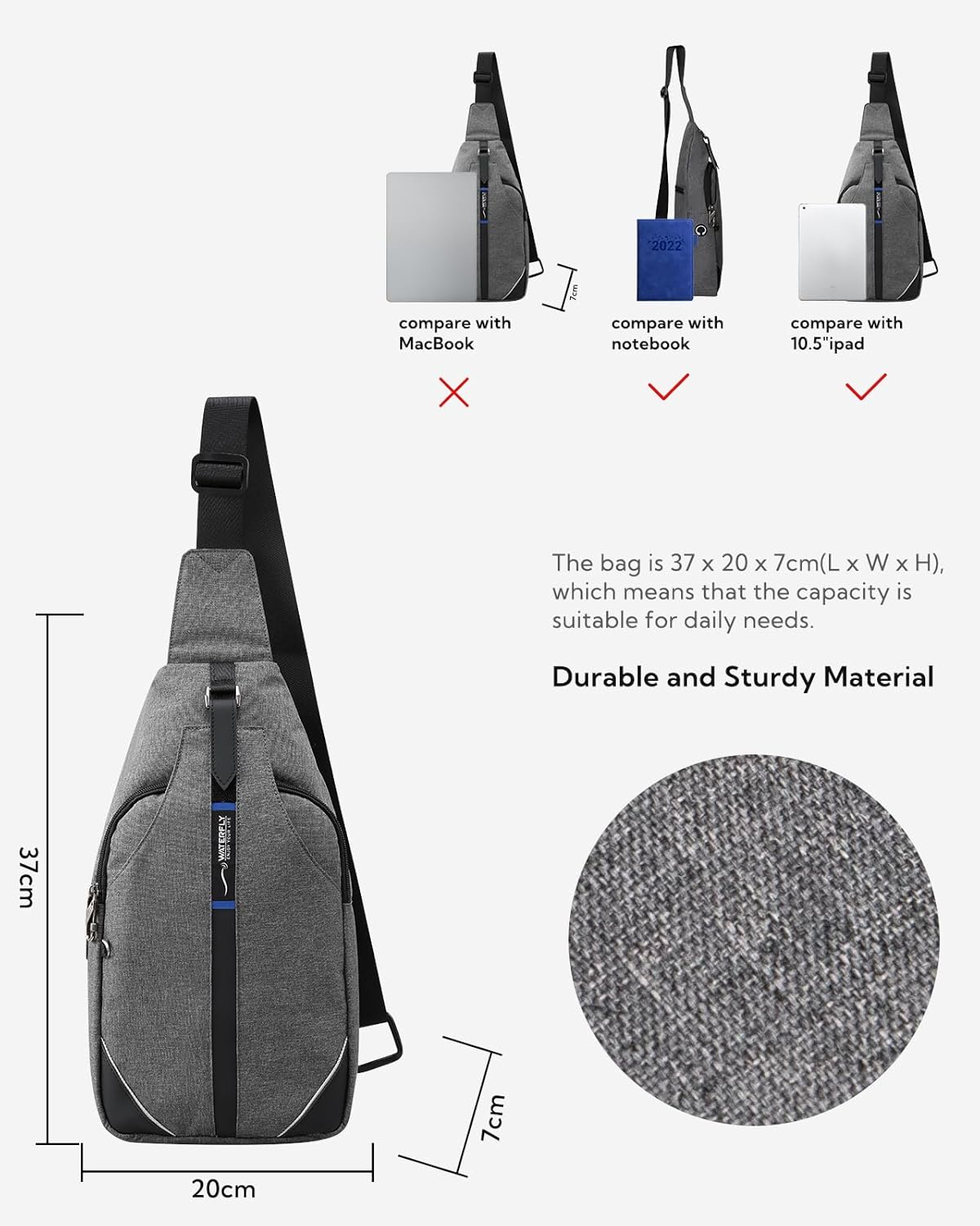 WATERFLY Medium Crossbody Sling Backpack Anti Theft Backpack for Traveling Chest Shoulder Bag