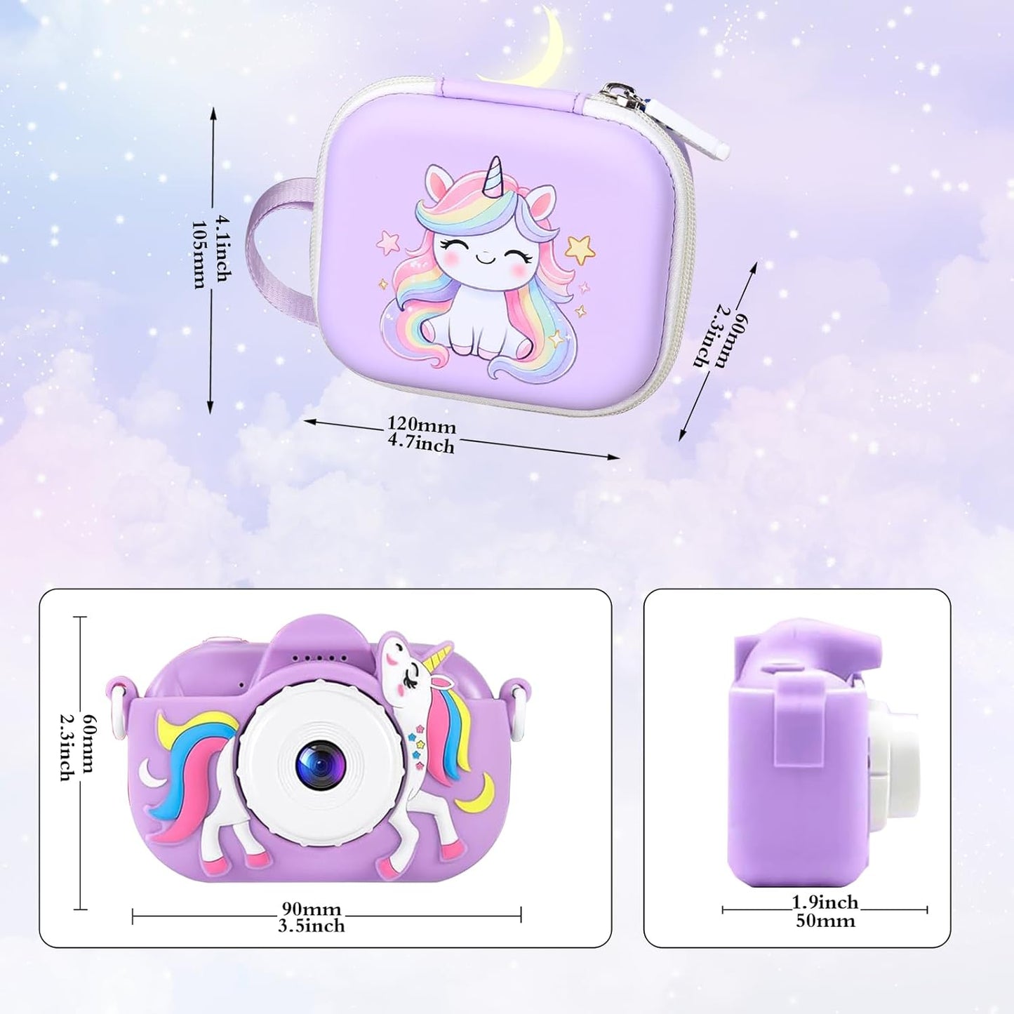 Kids Camera Case Compatible with MAVOKIS/Envyvip/Seckton/KIZJORYA/Goopow Digital Video Camera Toys Camcorder Storage Holder Carrying - Purple Unicorn(Case Only)