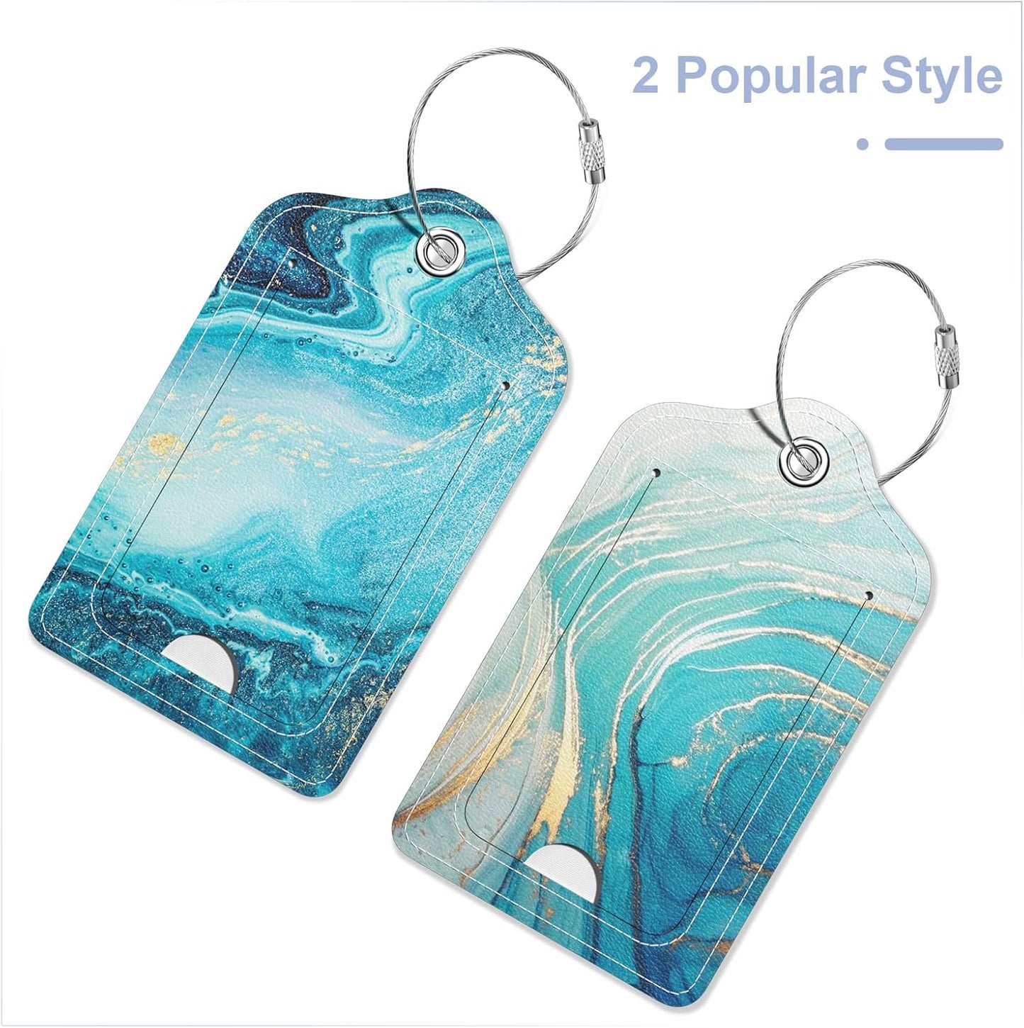 2 Pack PU Leather Luggage Tags for Suitcase, Travel Cruise Luggage Tag with Privacy Flap, Name ID Label and Metal Loop for Women Men Baggage Handbag School Bag Backpack, Blue Ocean Marble
