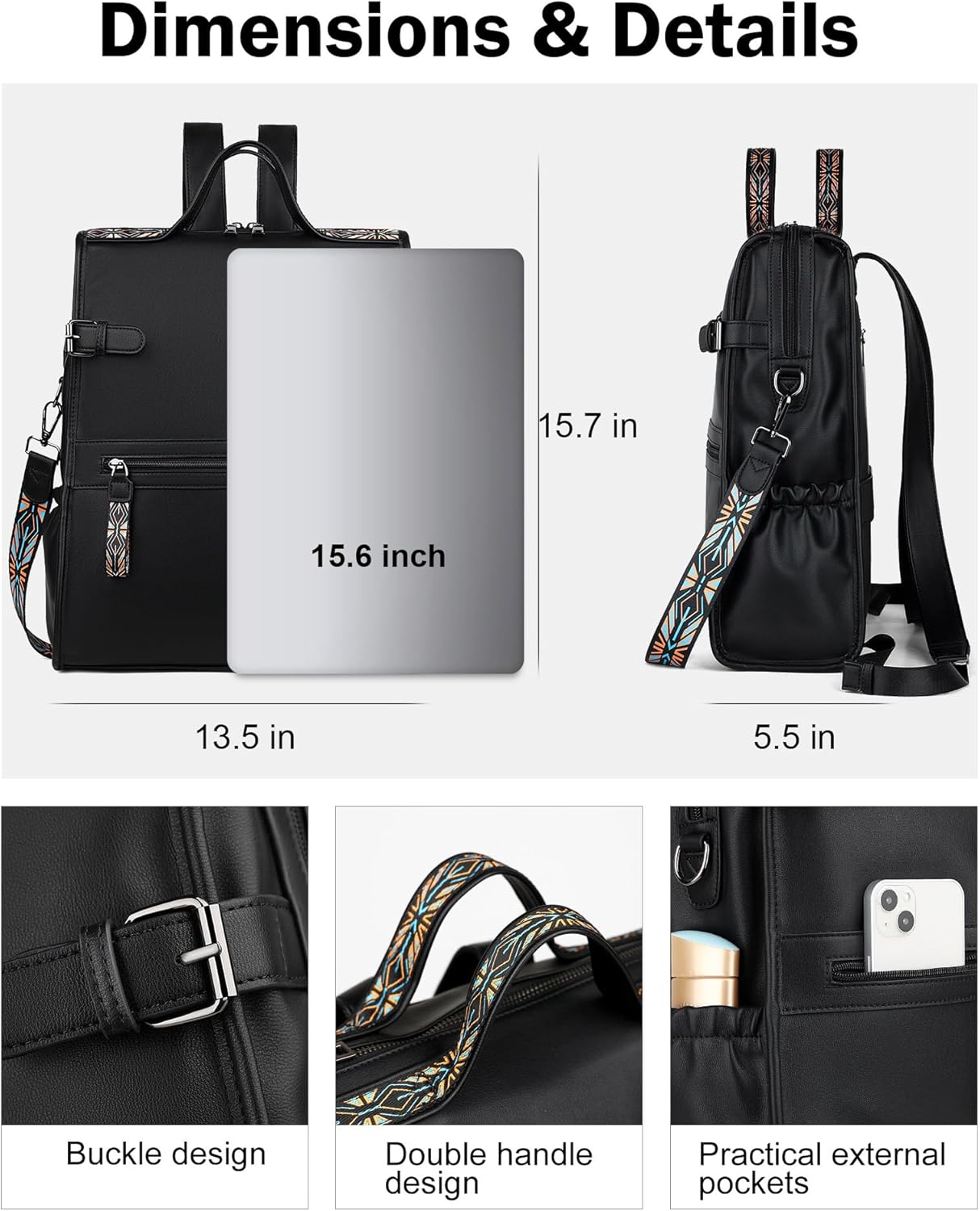 FADEON Leather Laptop Backpack for Women, Designer Ladies Work Travel Computer Backpack with Laptop Compartment Purse Black