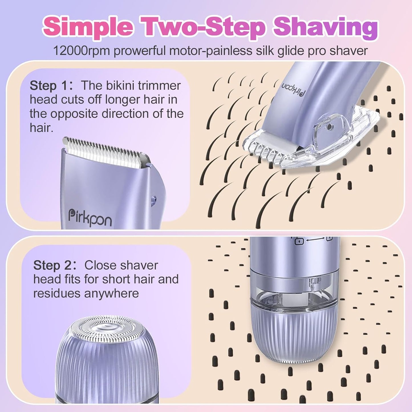 Bikini Trimmer for Women, Painless Electric Shaver with 2 in 1 Dual Head, Waterproof Wet & Dry Pubic Hair Remover, Rechargeable Bikini Razors for Face Body Underarm,Easy Cleaning & Travel-Friendly