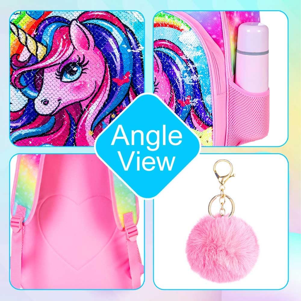 3PCS Unicorn Backpack, 16" Girls Rainbow Sequins Kids Bookbag with Lunch Box, School Bags for