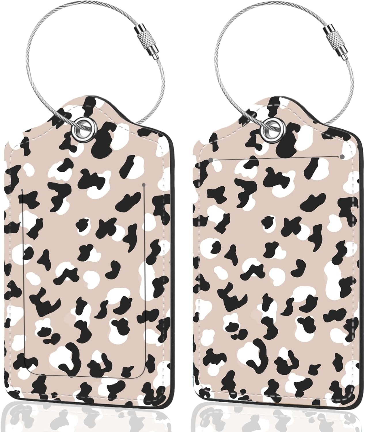 2Pack Luggage Tags for Suitcases, Cute Unique Pu Leather Cruise Luggage Tag with Privacy Cover ID Label Address Card and Metal Ring Suitable for Women Men Kids Travel Bag Beige Black Leopard