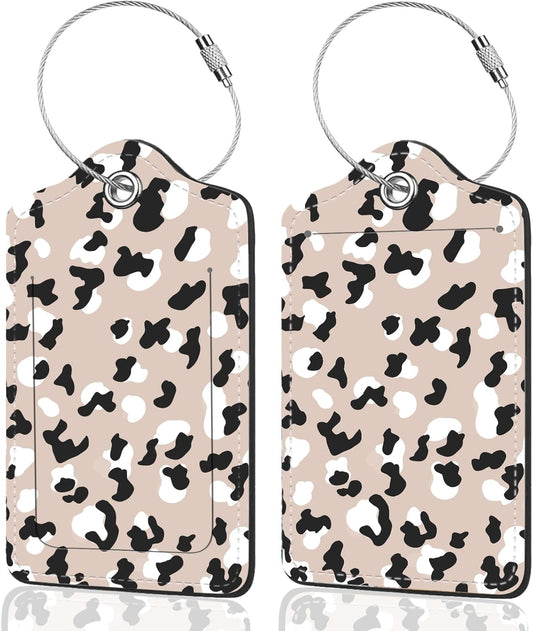 2Pack Luggage Tags for Suitcases, Cute Unique Pu Leather Cruise Luggage Tag with Privacy Cover ID Label Address Card and Metal Ring Suitable for Women Men Kids Travel Bag Beige Black Leopard