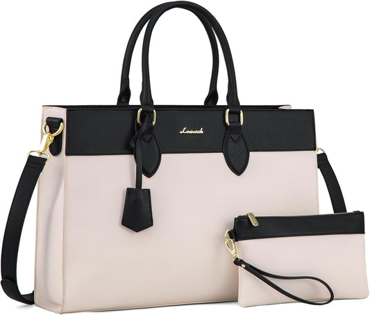 LOVEVOOK Laptop Bag for Women, 15.6 inch Laptop Tote Work Bag Purse, Large Waterproof Leather Computer Briefcase for Office, Beige-Black